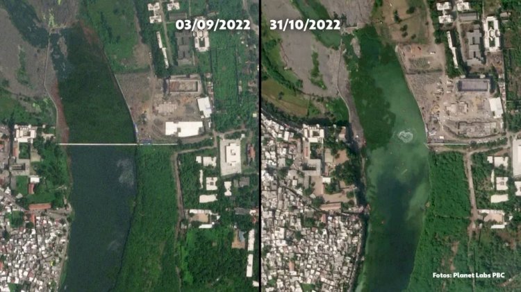 Imagens de satélite mostram antes e depois da ponte que caiu na Índia; 135 pessoas morreram